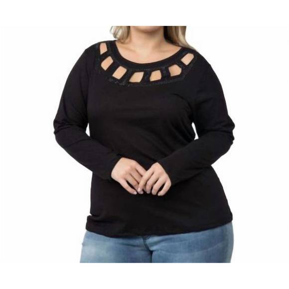 NEW VOCAL APPAREL laser cut neckline and stones top - plus in black - Picture 1 of 1